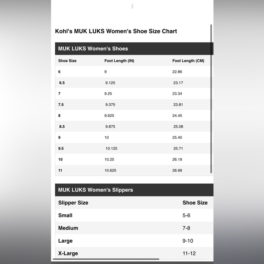 Muk luk shoe chart